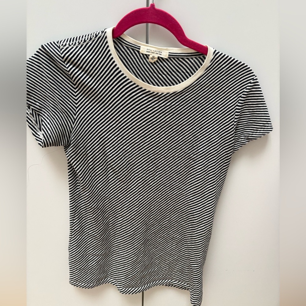 Nili Lotan Black and White Striped Short Sleeve Tee with Cream Trim Xs 0/2